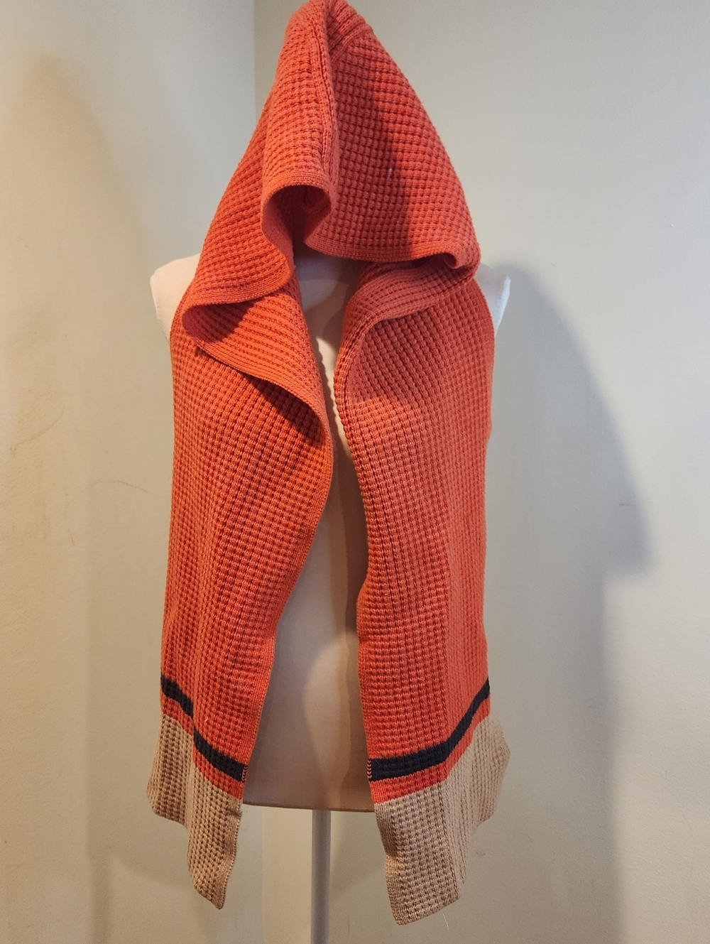 MARNI by Uniqlo Hooded Waffle Knit Scarf- Orange with Beige & Black Trim
